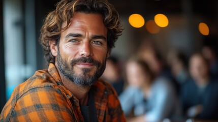 Obraz premium Close-up portrait of a man with a beard and brown hair, wearing a plaid shirt, looking directly at the camera
