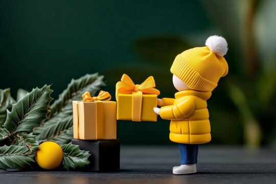 Two simplified figures exchanging gifts, with soft shapes and muted tones to convey warmth and friendship