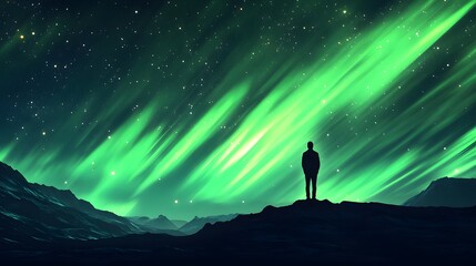 Fototapeta premium Aurora borealis and silhouette of standing man on the mountain. Aurora and traveller. Starry sky and green polar lights. Night landscape with northern lights and people. Concept. Nature background . 