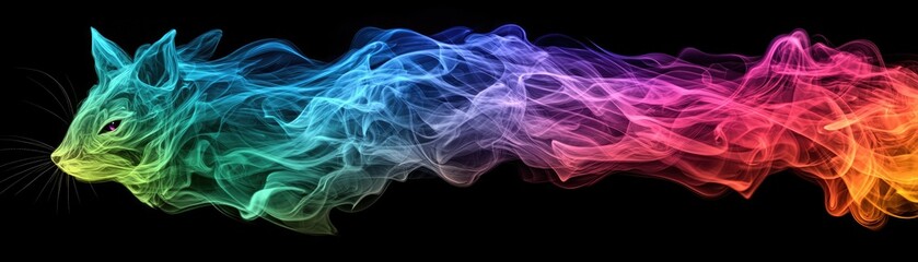 A vibrant, colorful abstract representation of a cat, created with flowing smoke-like patterns against a black background.