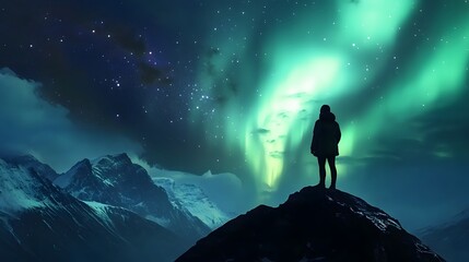 Fototapeta premium Aurora borealis and silhouette of standing man on the mountain. Aurora and traveller. Starry sky and green polar lights. Night landscape with northern lights and people. Concept. Nature background . 