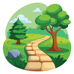 Fototapeta premium A winding stone path leads through a lush green park with trees and clouds in the sky.