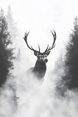 Naklejka premium An elegant deer with horns stands tall in front of you in a foggy forest. The silhouette is in black and white, creating a mysterious atmosphere.