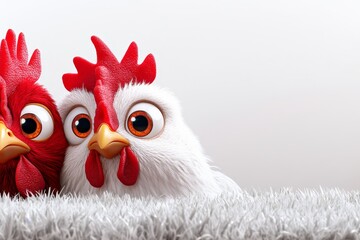Fototapeta premium a 2D cartoon illustration of a chicken coop with hens peeking out farm theme white background