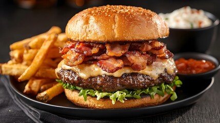 Mouthwatering grilled beef cheeseburger with crispy bacon and creamy avocado served alongside a pile of golden crispy fries for the ultimate indulgent dining experience