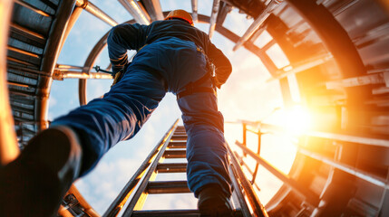 wind turbine technician climbing ladder inside turbine, showcasing determination and skill. sunlight filters through, creating dramatic effect