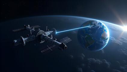 Obraz premium Cosmic Connection: Data Transfer from Orbit to Earth