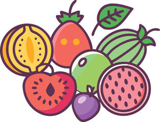 Colorful illustration of mixed fruits assortment, Vibrant vector illustration featuring various fruits like watermelon, orange, pear, apple, and grapes in a modern style.