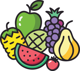 Colorful illustration of mixed fruits assortment, Vibrant vector illustration featuring various fruits like watermelon, orange, pear, apple, and grapes in a modern style.
