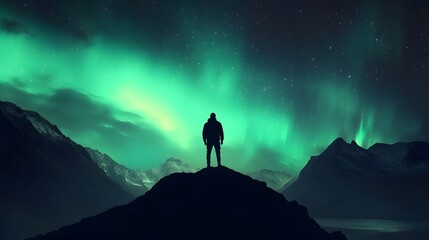 Aurora borealis and silhouette of standing man on the mountain. Aurora and traveller. Starry sky and green polar lights. Night landscape with northern lights and people. Concept. Nature background . 