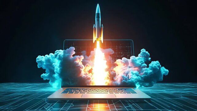 A futuristic concept image showing a realistic space rocket emerging from the screen of a laptop, symbolizing the power of artificial intelligence in launching missions beyond Earths atmosphere.