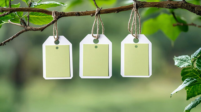 Three blank tags hanging from a branch, surrounded by green leaves, create a minimalist, serene atmosphere perfect for labeling or tagging items.