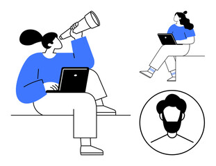 Three individuals, two sitting with laptops, one using telescope, and a circular avatar of a bearded man. Ideal for technology, remote work, communication, collaboration, professional networking