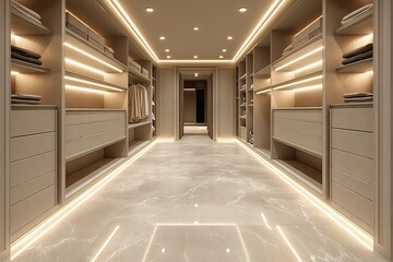 Obraz premium A spacious and luxurious walk-in closet bathed in warm, inviting light.