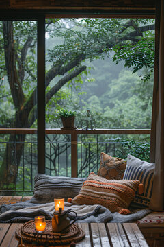 Cozy balcony bed setting lush green forest, warm candle light glowing, peaceful retreat outdoor relaxation,home decor photography lifestyle,raint,misty,blanket,sofa,lounge,lo-fi,ambiance,interior