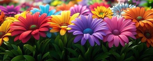 Fototapeta premium Colorful Spring Flowers in a Garden with Green Foliage