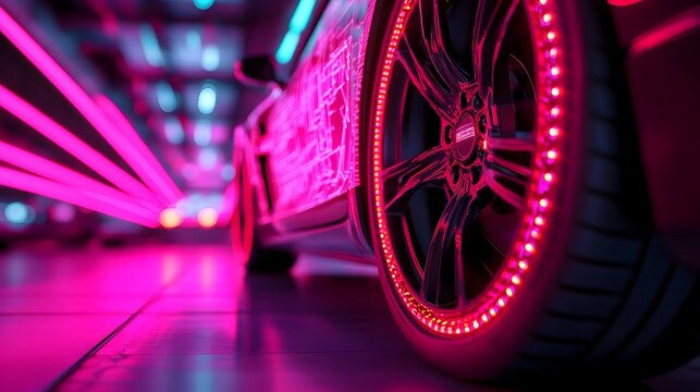 A robot arm tightening bolts on a self driving car wheel in a neon lit futuristic garage with holographic schematics and sparks flying