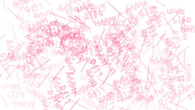 Animation of a texture filled with the words "love", "life" and "happy".