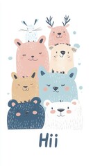 Adorable cartoon characters with animal traits, stacked in a fun arrangement, featuring soft pastel colors and whimsical expressions. "Hi" is placed in the bottom right corner.