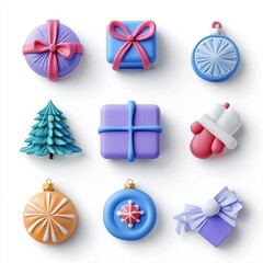 Holiday icons, festive colors, minimalist flat design, isolated on white, 3D illustration