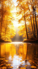 Obraz premium serene autumn landscape featuring tranquil river surrounded by vibrant orange and yellow trees. sunlight filters through foliage, creating warm and peaceful atmosphere
