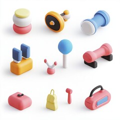 Fitness icons, diverse colors, minimalist flat style, white background, 3D illustration