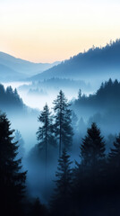 Obraz premium Majestic misty mountains at dawn, with tall evergreen trees silhouetted against soft pastel sky. serene landscape evokes sense of tranquility and wonder
