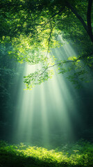 Obraz premium serene forest scene with sunlight streaming through lush green leaves, creating tranquil atmosphere. interplay of light and shadow enhances natural beauty of woodland