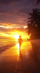 Fototapeta premium child walks along beach at sunset, silhouetted against vibrant sky filled with warm colors. scene evokes sense of joy and tranquility