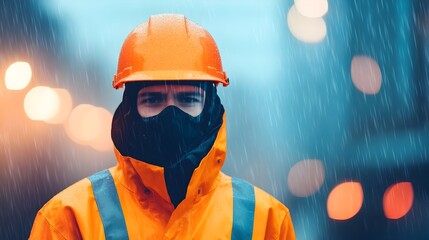 Skilled industrial engineer diligently troubleshooting and repairing a sophisticated machine while working in the challenging rainy conditions