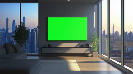 Fototapeta premium Large flat screen television in a modern city apartment where the TV screen is a chroma key green screen.