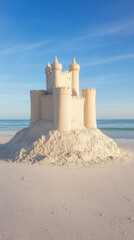 stunning sandcastle stands majestically on beach, showcasing intricate towers and walls against serene ocean backdrop. soft sand and clear blue sky create perfect coastal scene