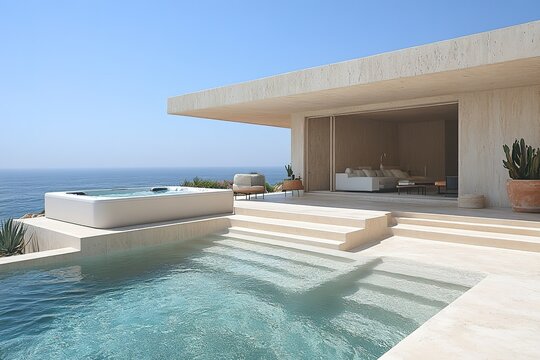 Modern, minimalist home exterior with an infinity pool overlooking the ocean