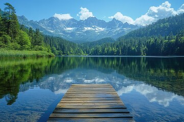 Fototapeta premium A serene mountain lake with crystal-clear reflections on a sunny day, inviting you to unwind on the wooden pier.