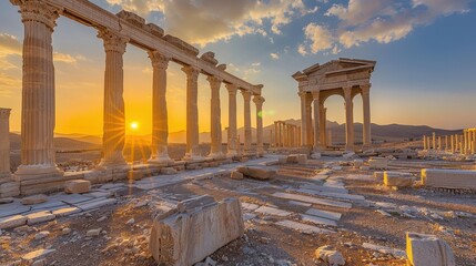 Fototapeta premium A Majestic Sunset Over the Ancient Columns of Palmyra, Witnessing Time's Eternal Passage