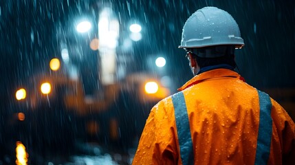 Obraz premium Skilled and experienced industrial engineer repairing an oil well pump in challenging rainy conditions surrounded by floodlights illuminating the wet machinery and equipment on the oilfield site