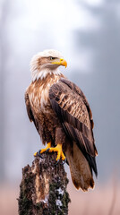 Obraz premium Majestic eagle perched on weathered stump, showcasing its powerful presence and striking features. birds sharp gaze and impressive plumage evoke sense of awe and admiration
