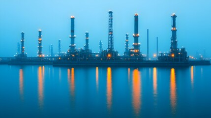 Obraz premium Expansive offshore oil refinery platform illuminated under the night sky showcasing the scale and industrial with cranes machinery and the vast open ocean in the background