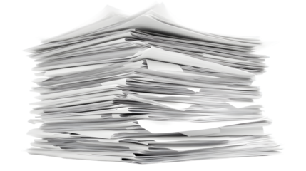 Stack of papers and files on white background