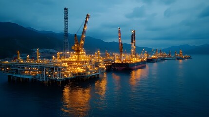 Obraz premium Wide angle view of a massive offshore oil refinery complex during nighttime the full scale of the platform towering cranes and the vast expanse of the ocean under the glow of floodlights