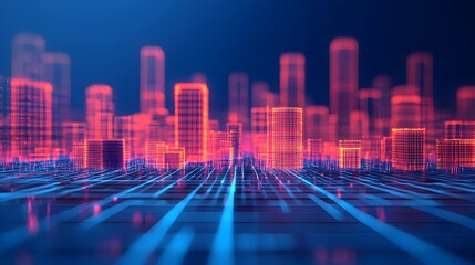 Futuristic wireframe cityscape with buildings and roads outlined in sleek lines glowing faintly with warm morning light  Abstract digital visualization of an urban landscape at dawn