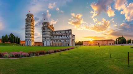 Obraz premium A Breathtaking Sunset over the Iconic Leaning Tower of Pisa and Surrounding Historic Architecture