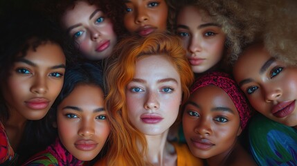 Fototapeta premium A vibrant gathering of women with diverse backgrounds radiates beauty and confidence. Posing together, they embody inclusivity and celebrate the power of skincare in this captivating campaign.