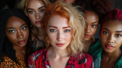 Obraz premium A vibrant gathering of women with diverse backgrounds radiates beauty and confidence. Posing together, they embody inclusivity and celebrate the power of skincare in this captivating campaign.