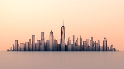 Obraz premium Modern city skyline with digital wireframe grids showcasing high rise buildings in various heights and geometric architectural designs