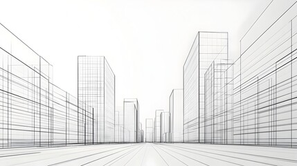 Futuristic city skyline with digital wireframe grids showcasing buildings in various heights and geometric shapes creating a modern tech inspired landscape  This abstract