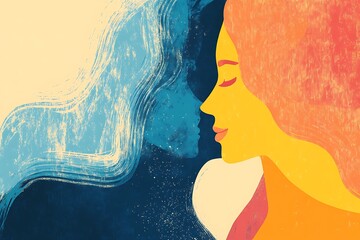 A vibrant abstract illustration of a woman's profile, with contrasting warm and cool colors, symbolizing duality, emotion, and the balance between light and shadow.