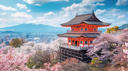 A Stunning View of Kiyomizu-dera Temple Surrounded by Cherry Blossoms and Mount Fuji in Kyoto