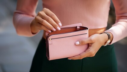 Close up on wallet, Woman opens a pink wallet, revealing empty wallet. The scene captures the act of handling cash, emphasizing personal finance and everyday transactions in a stylish setting