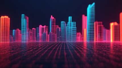 Fototapeta premium Glowing digital wireframe cityscape with illuminated neon outlined buildings roads and infrastructure in a futuristic night landscape Conceptual 3D representing modern urban architecture technology